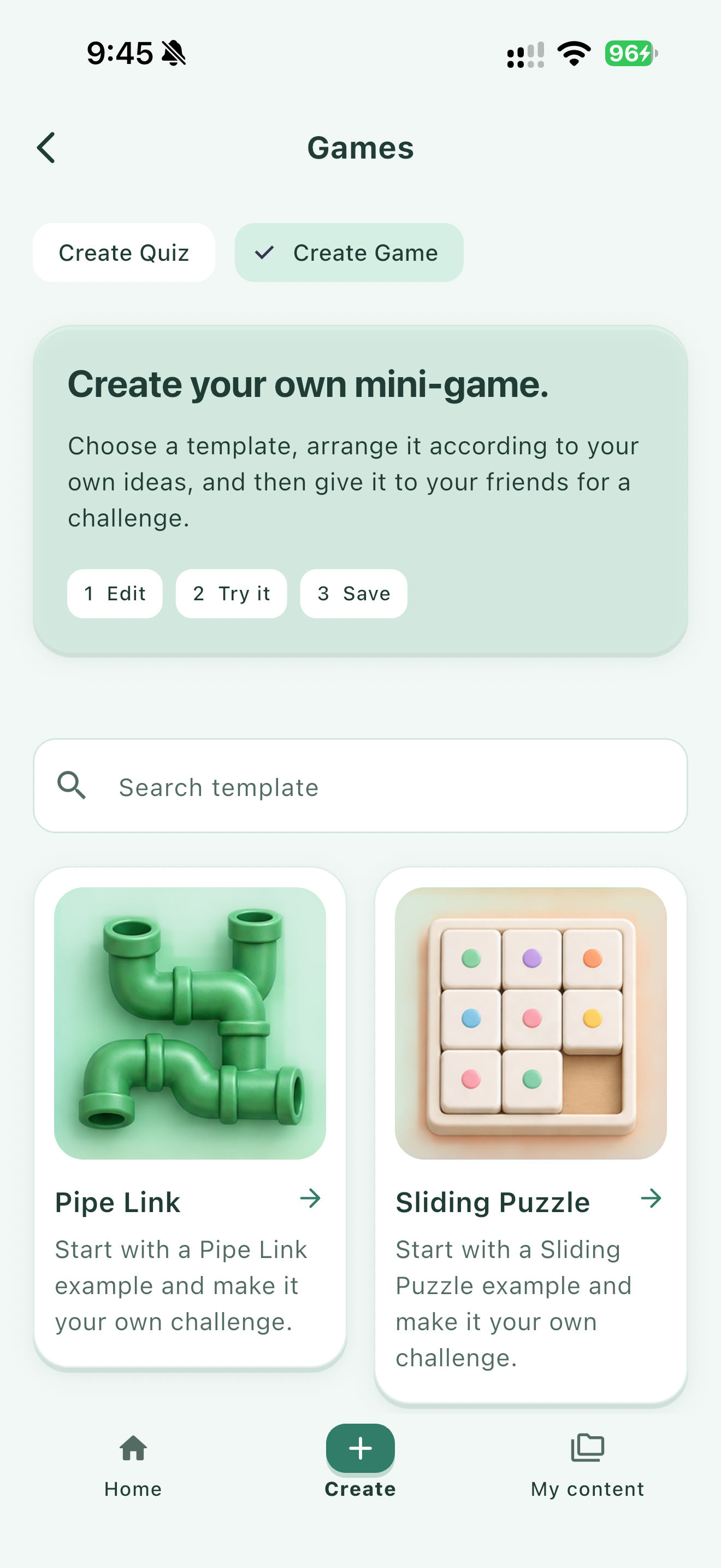 Actual Party Games Create Game screen showing Pipe Link and Sliding Puzzle templates