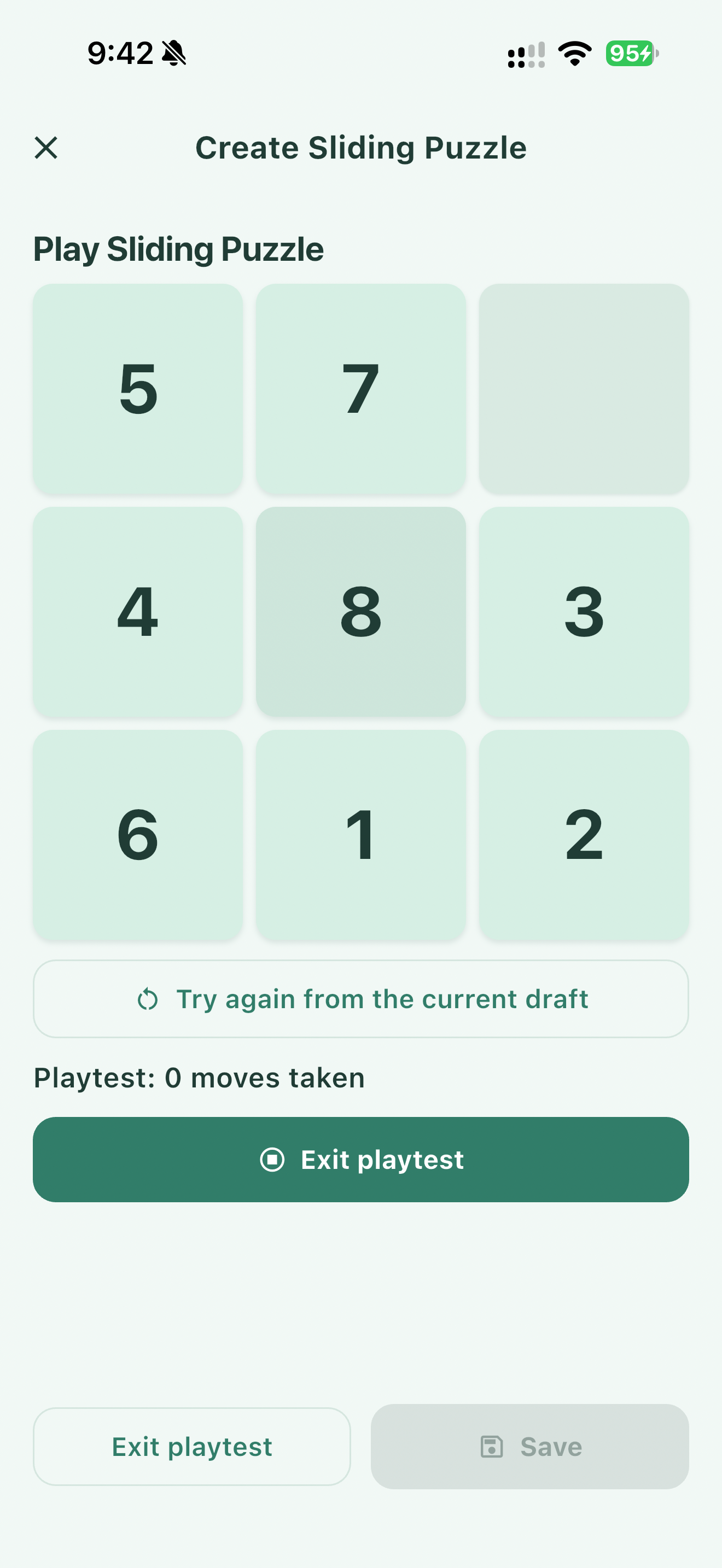 Actual Sliding Puzzle playtest screen with numbered tiles and playtest controls